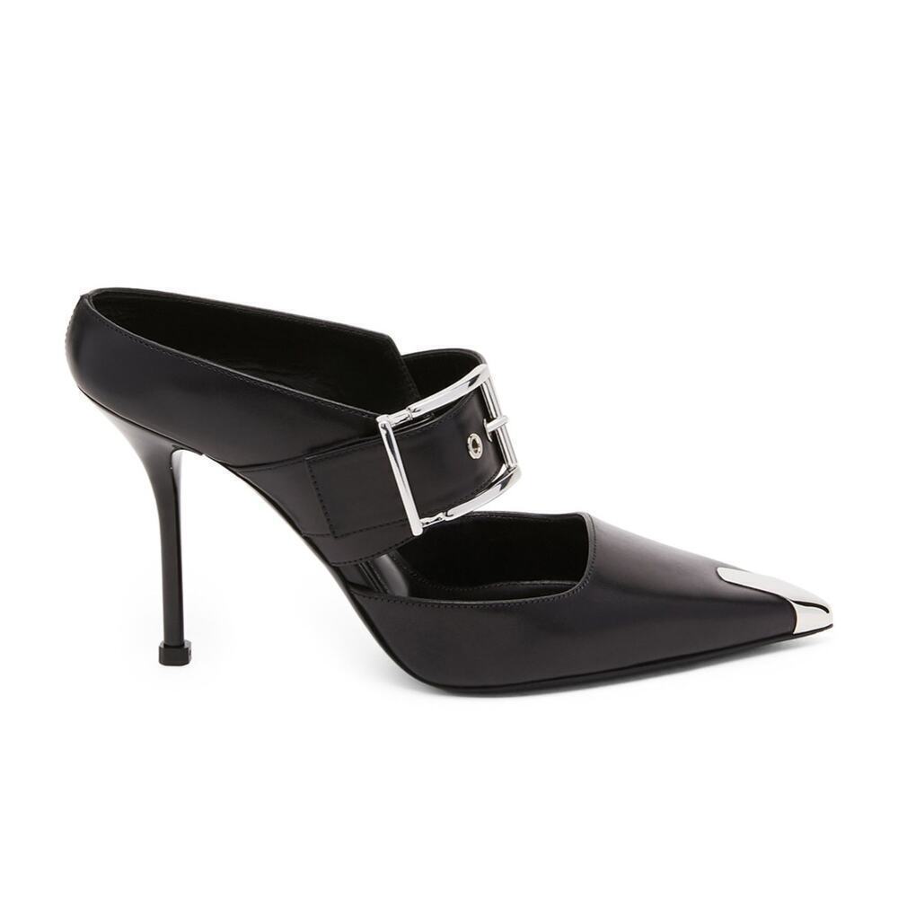 Alexander McQueen Black Pointed Buckle Stiletto Heels with Silver Toe Accent